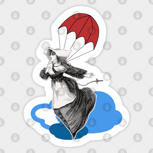 Nun in the clouds parachuting Sticker by Marccelus